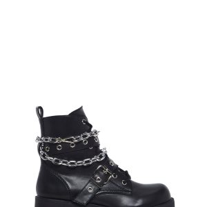 Current Mood Vegan Leather Platform Boots With Chain Link And Side Zips With Lace Ups - Black
