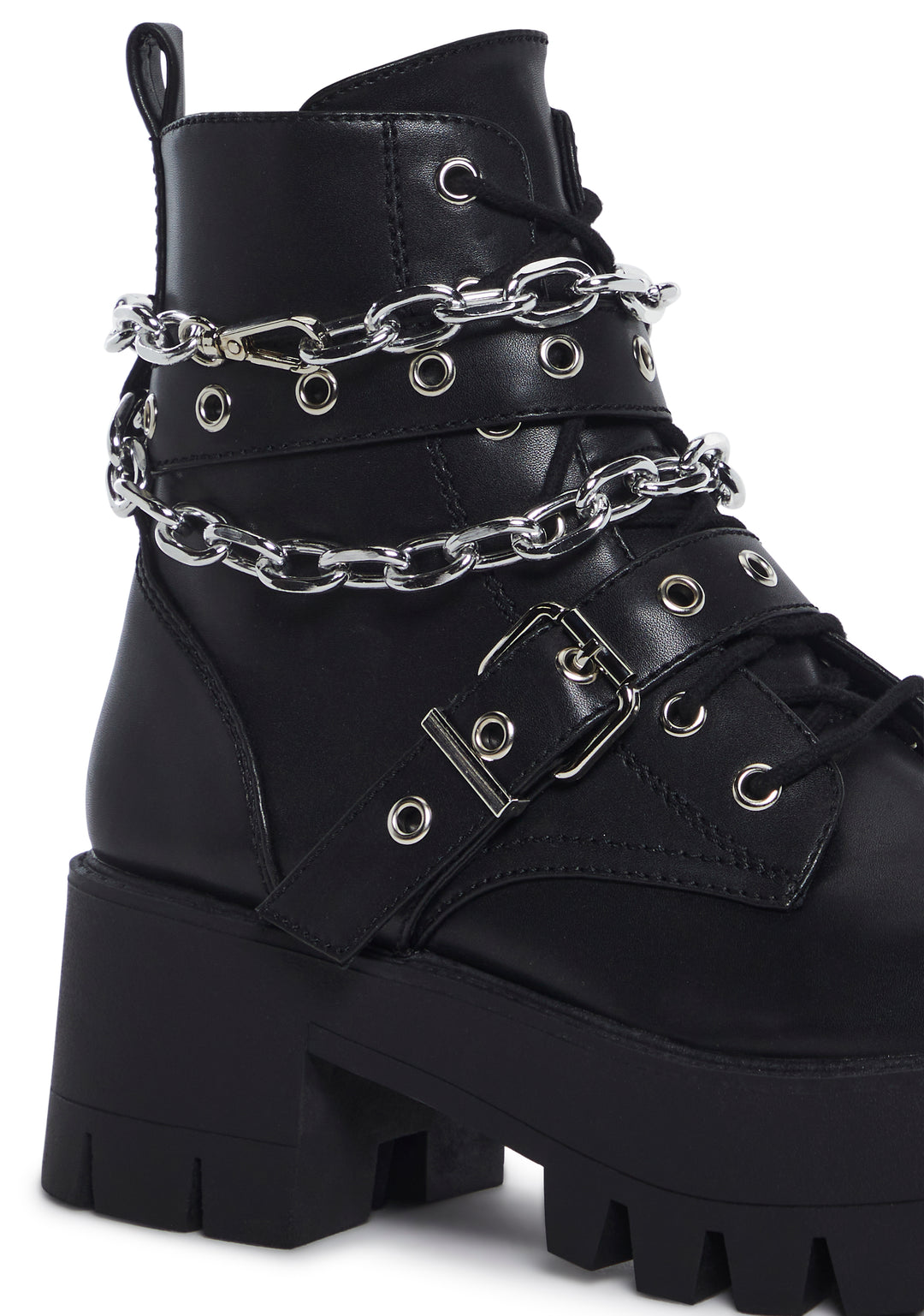 Current Mood Vegan Leather Platform Boots With Chain Link And Side Zips With Lace Ups - Black - Image 2