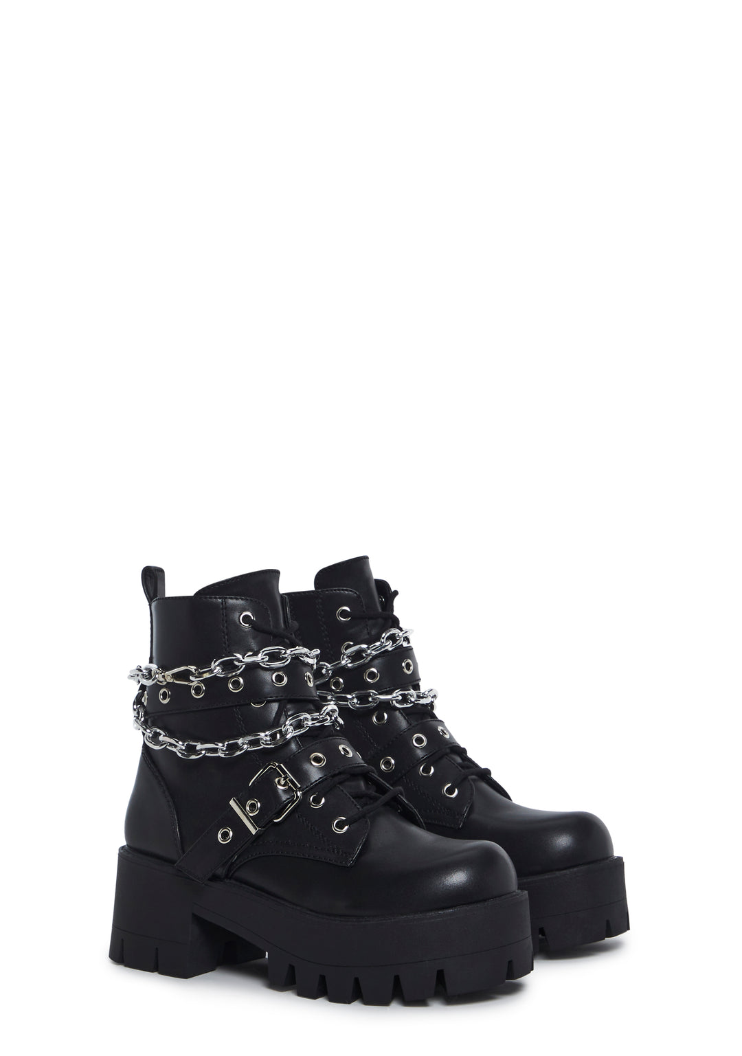Current Mood Vegan Leather Platform Boots With Chain Link And Side Zips With Lace Ups - Black - Image 3