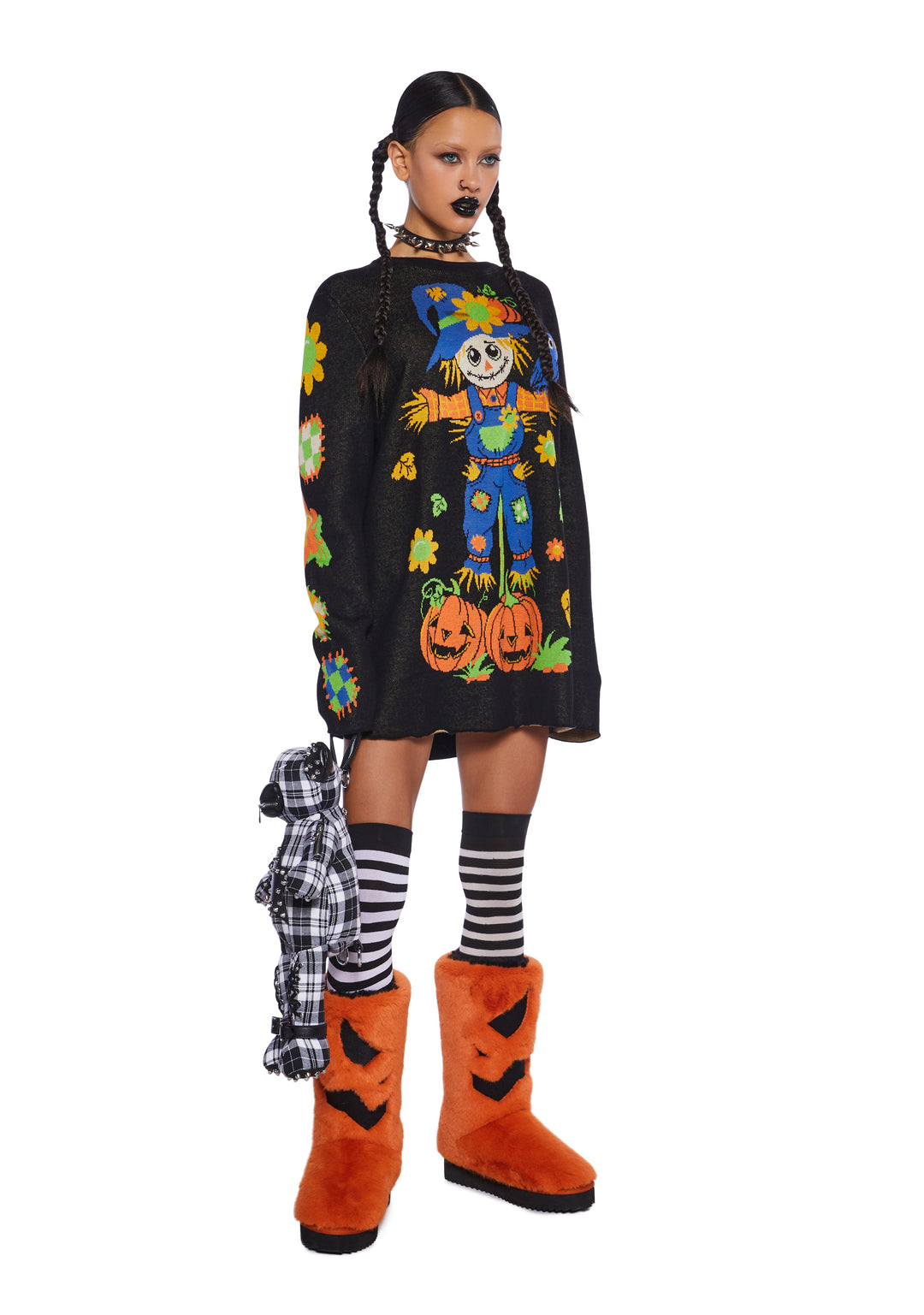 Oversized Halloween Womans Harvest Scarecrow Knit Sweater - Multi - Image 2