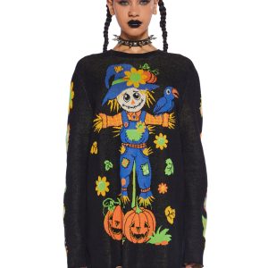Oversized Halloween Womans Harvest Scarecrow Knit Sweater - Multi