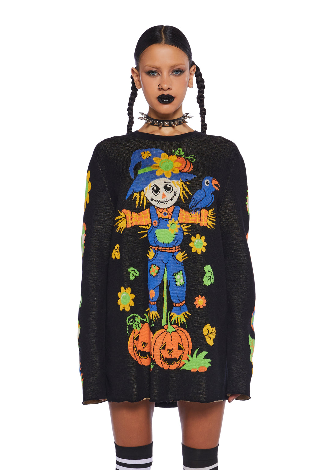Oversized Halloween Womans Harvest Scarecrow Knit Sweater - Multi