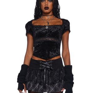 Widow Crushed Velvet Lace Short Sleeve Top Witch - Black