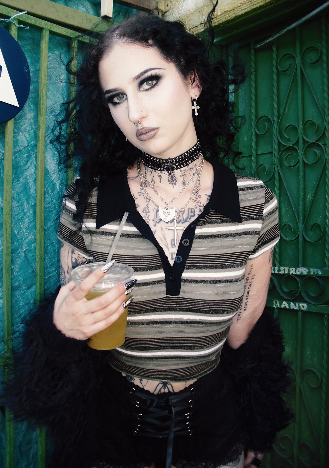 Widow Grunge Stretchy Ribbed Knit Striped Cropped Collared Short Sleeve Top - Multi - Image 6