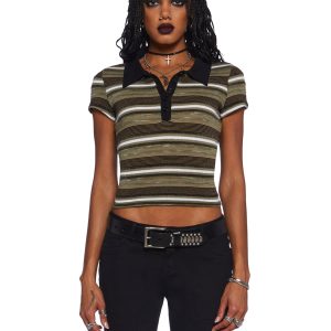 Widow Grunge Stretchy Ribbed Knit Striped Cropped Collared Short Sleeve Top - Multi