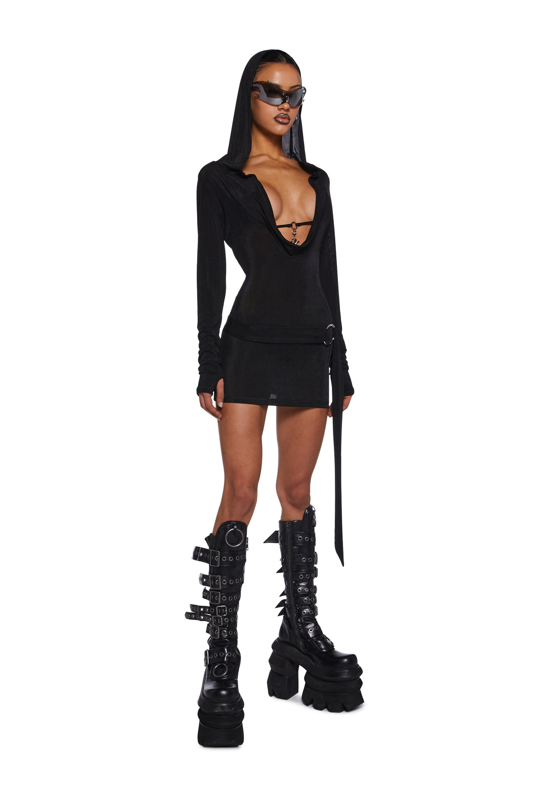 Darker Wavs Shimmer Cut Out Mini Dress With Hood And Belt And Charm - Black - Image 2