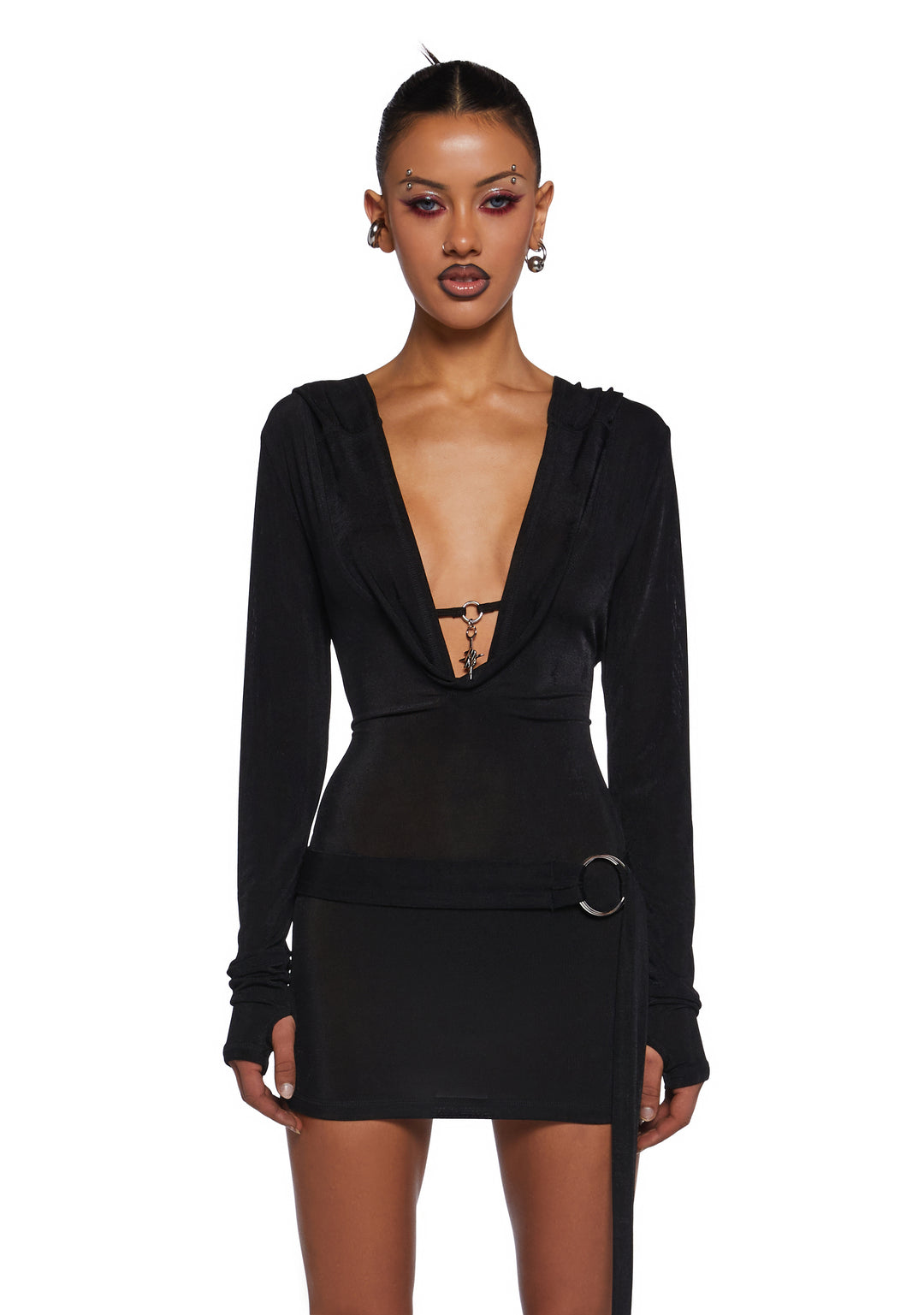 Darker Wavs Shimmer Cut Out Mini Dress With Hood And Belt And Charm - Black