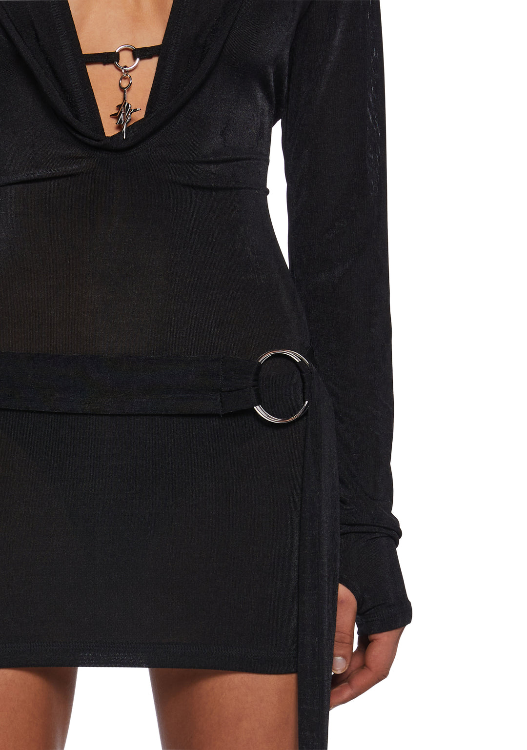 Darker Wavs Shimmer Cut Out Mini Dress With Hood And Belt And Charm - Black - Image 6