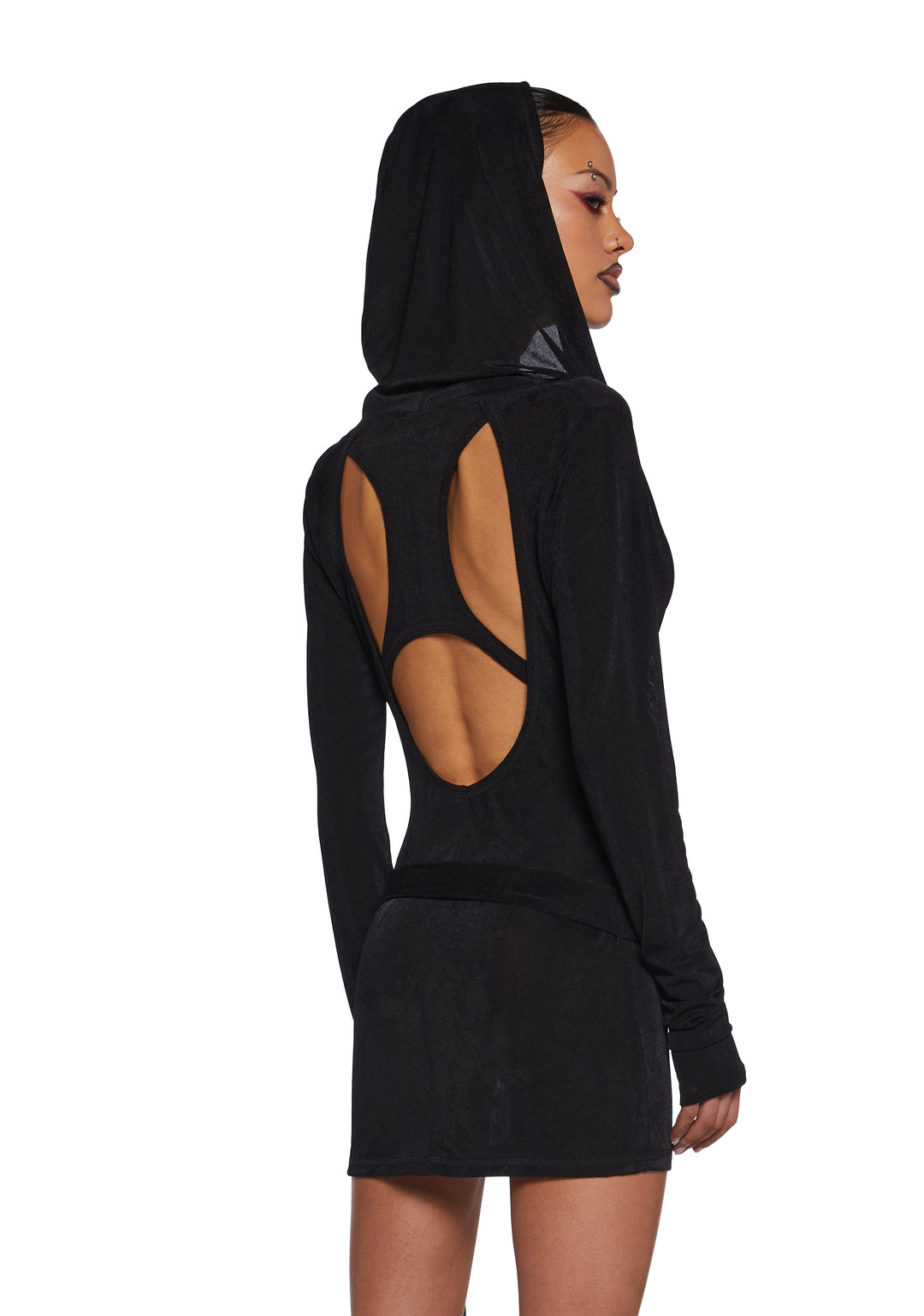 Darker Wavs Shimmer Cut Out Mini Dress With Hood And Belt And Charm - Black - Image 4