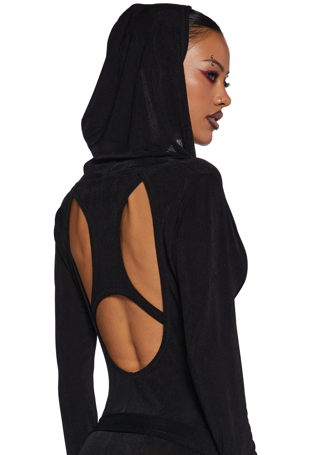 Darker Wavs Shimmer Cut Out Mini Dress With Hood And Belt And Charm - Black - Image 5