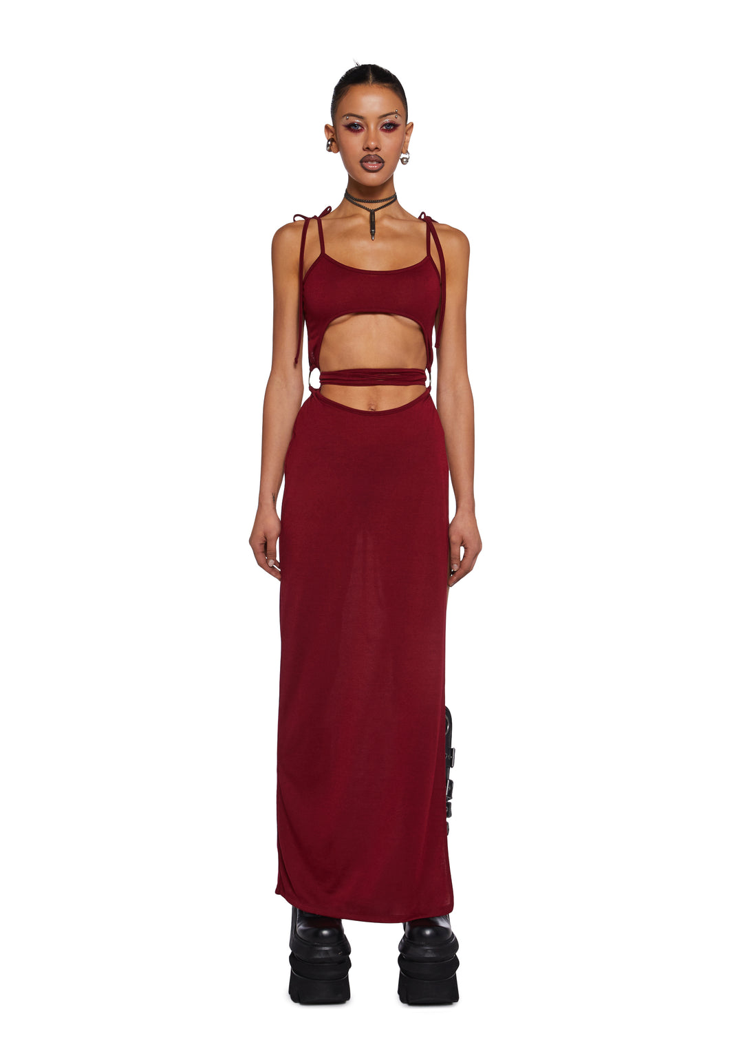 Darker Wavs Cut Out Maxi Dress With Tie Closures - Red