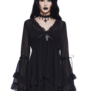 Widow Chiffon Mini Dress With Bell Sleeves And Cross Charm - Black