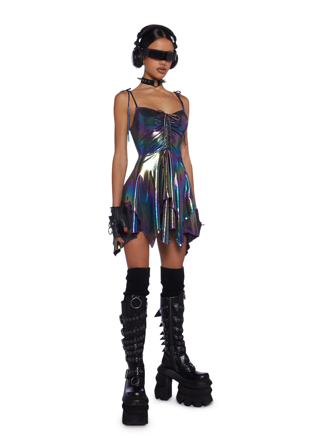 Club Exx Rave Fairycore Festival Fairy Metallic Holo Oil Slick Handkerchief Dress - Multi - Image 2