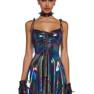 Club Exx Rave Fairycore Festival Fairy Metallic Holo Oil Slick Handkerchief Dress - Multi