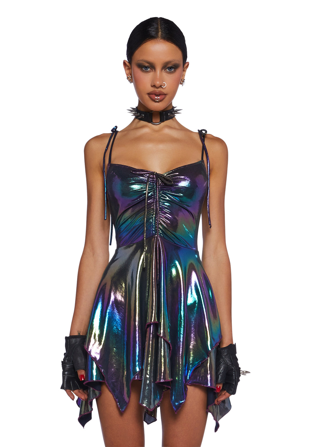 Club Exx Rave Fairycore Festival Fairy Metallic Holo Oil Slick Handkerchief Dress - Multi