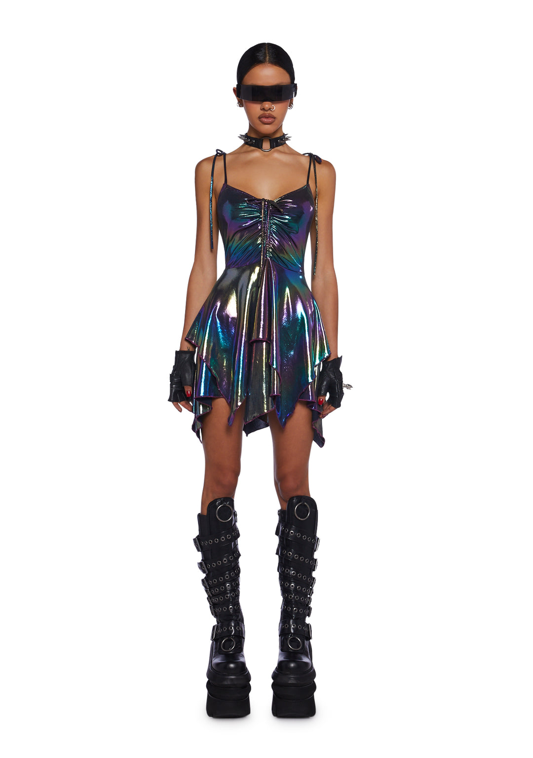 Club Exx Rave Fairycore Festival Fairy Metallic Holo Oil Slick Handkerchief Dress - Multi - Image 6