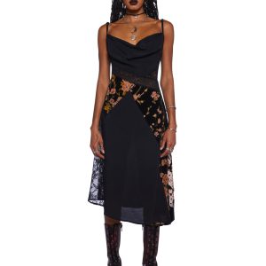 Widow Chiffon Lace Velvet Floral Midi Dress With Cowl Neckline - Black