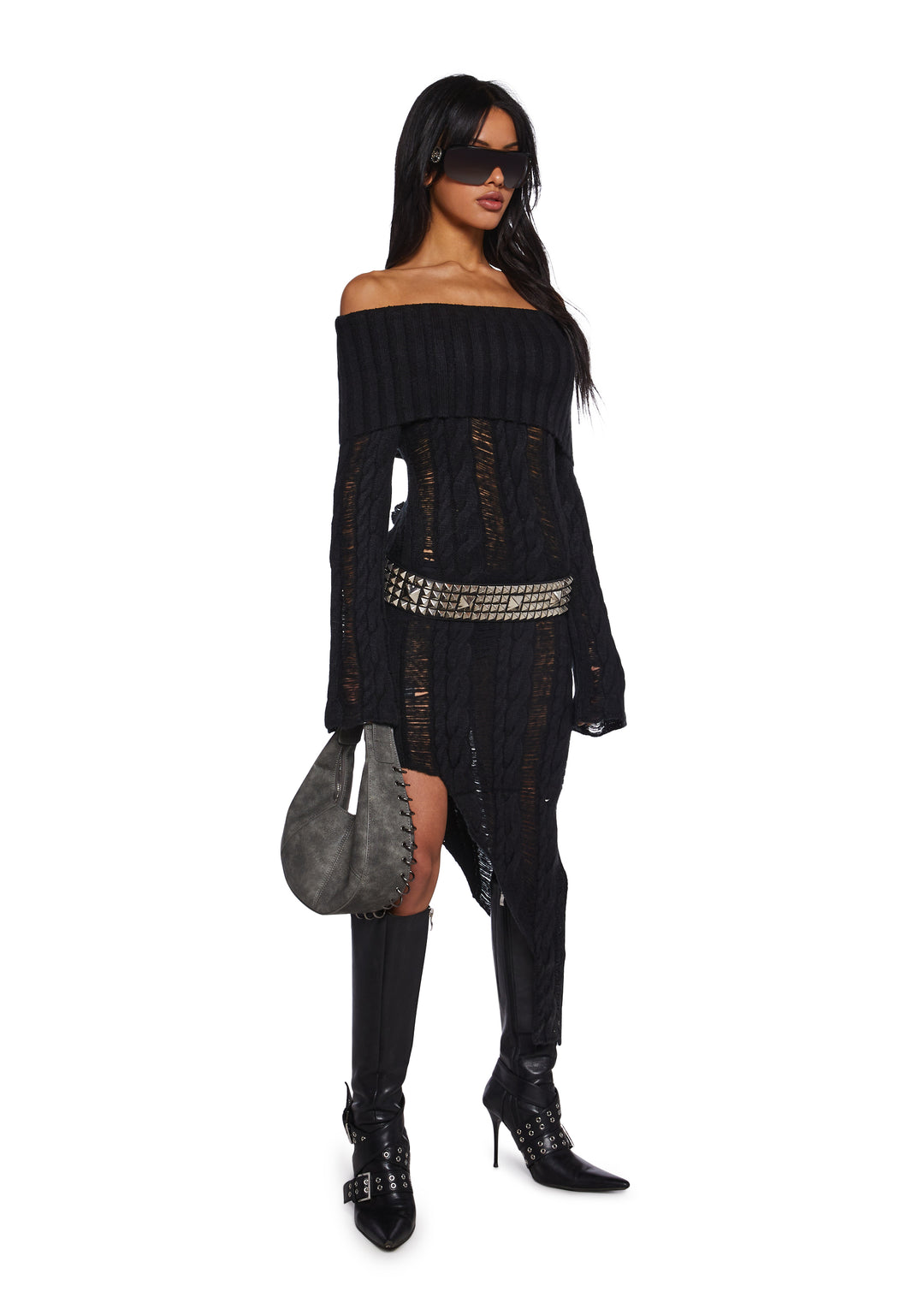 Generation Kiss Stretchy Destroyed Cable Knit Off-The-Shoulder Sweater Asymmetrical Midi Dress - Black - Image 5