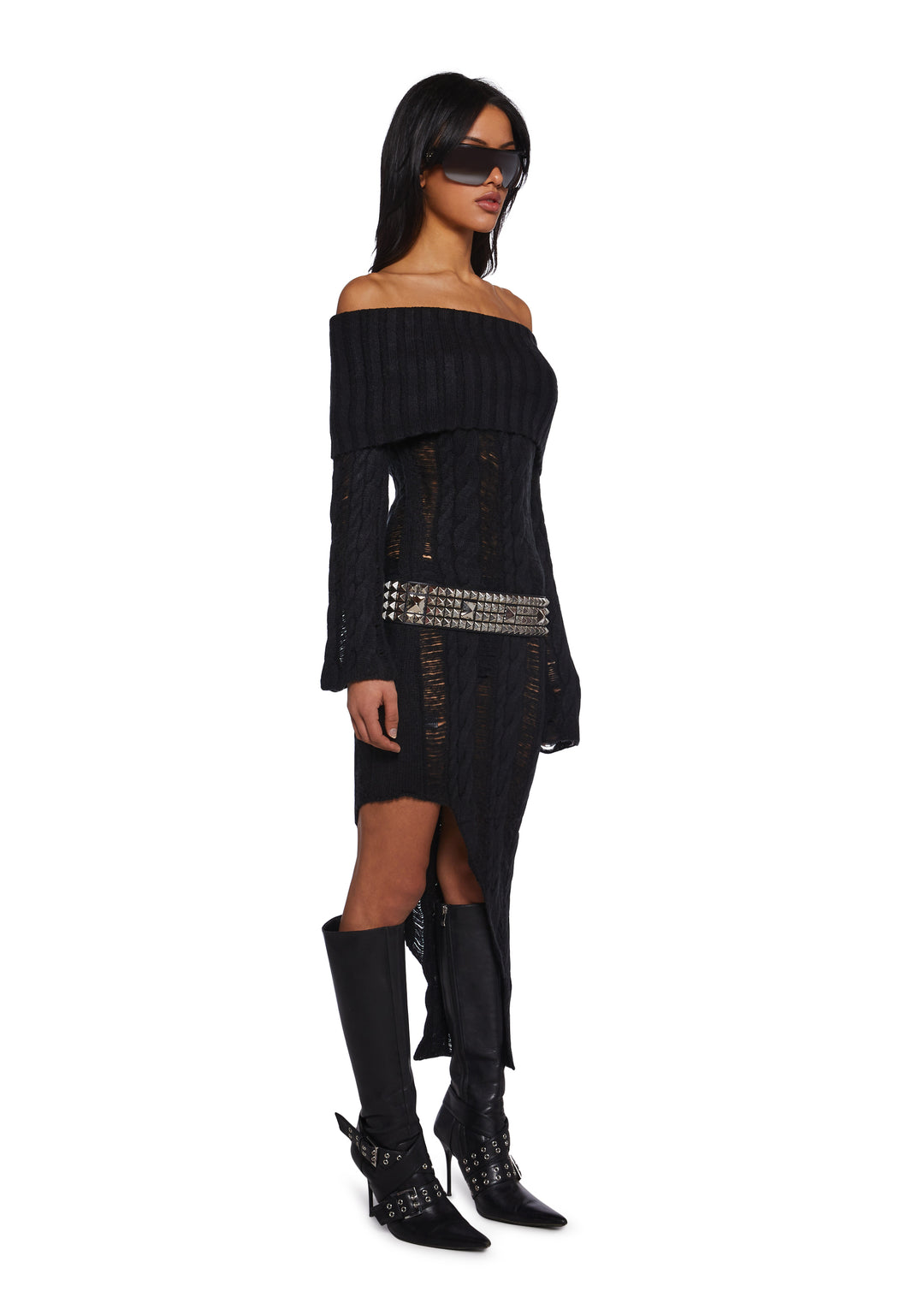 Generation Kiss Stretchy Destroyed Cable Knit Off-The-Shoulder Sweater Asymmetrical Midi Dress - Black - Image 3