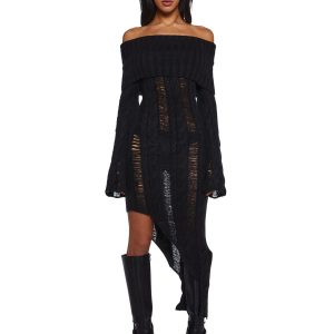 Generation Kiss Stretchy Destroyed Cable Knit Off-The-Shoulder Sweater Asymmetrical Midi Dress - Black