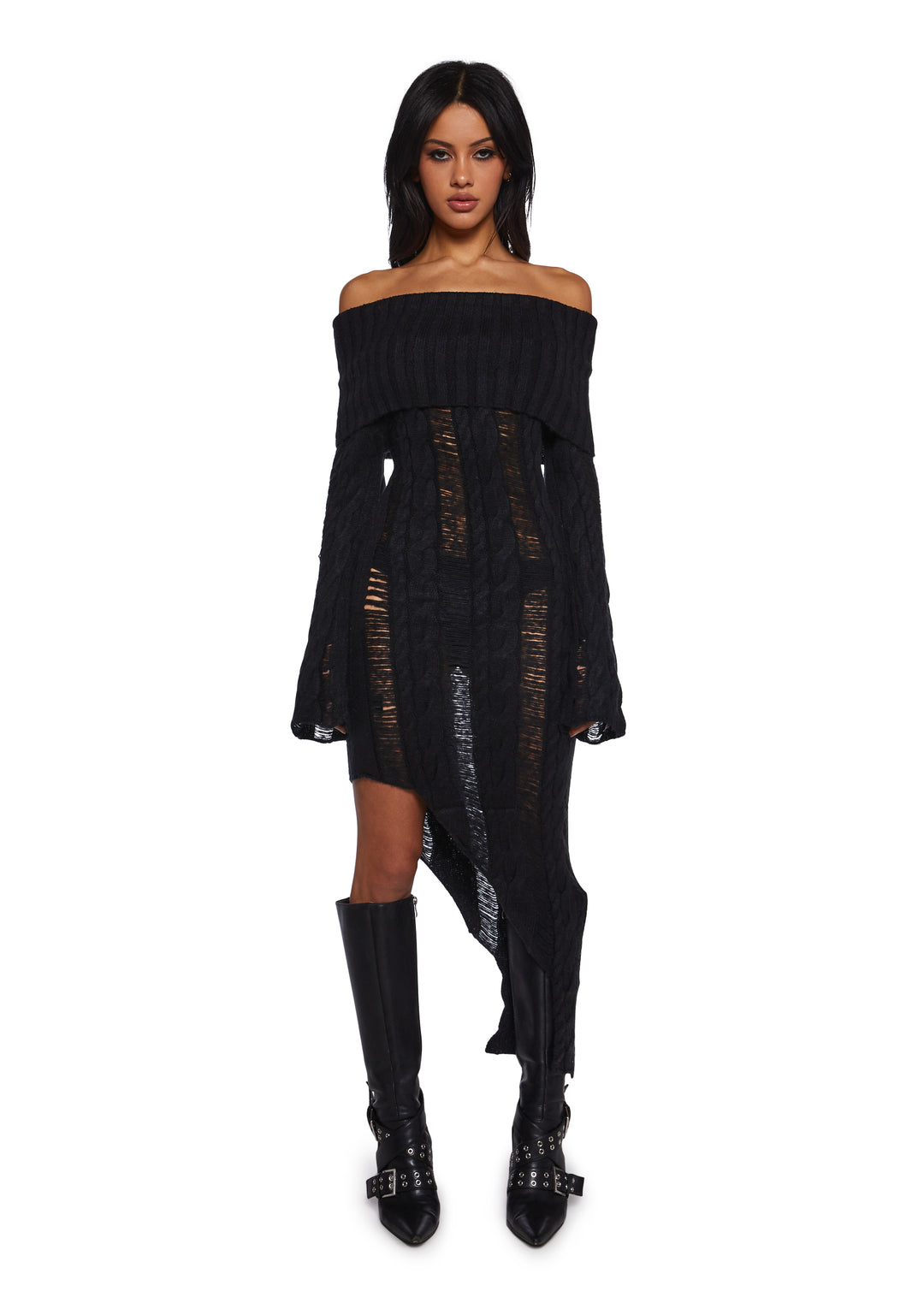 Generation Kiss Stretchy Destroyed Cable Knit Off-The-Shoulder Sweater Asymmetrical Midi Dress - Black