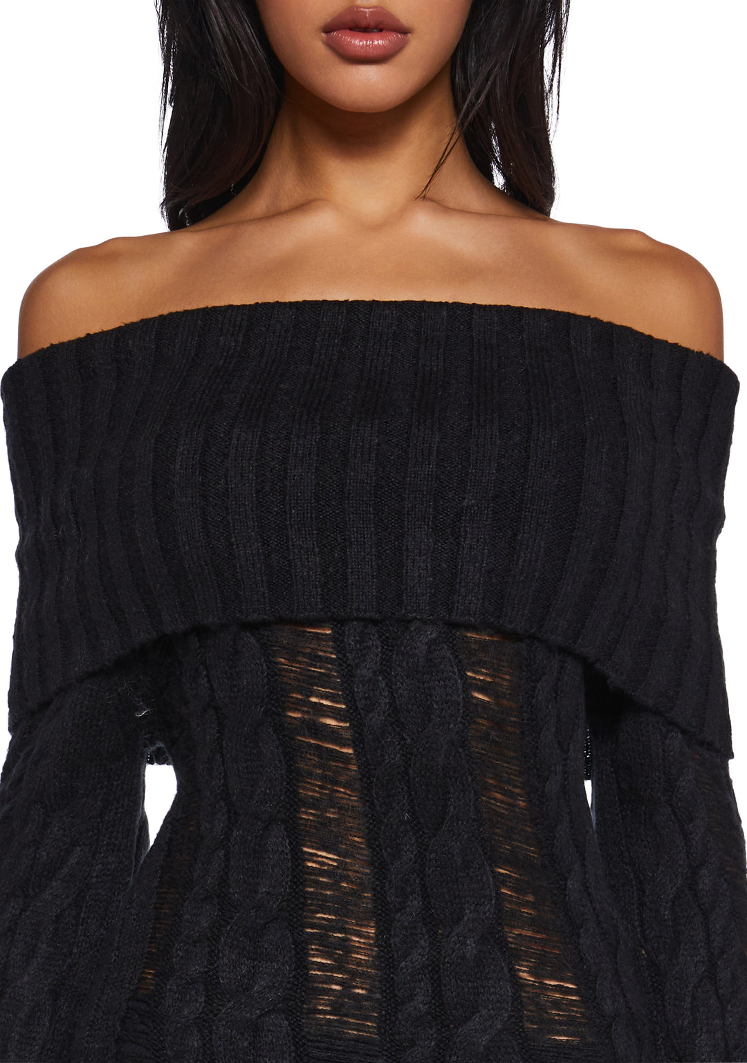 Generation Kiss Stretchy Destroyed Cable Knit Off-The-Shoulder Sweater Asymmetrical Midi Dress - Black - Image 2