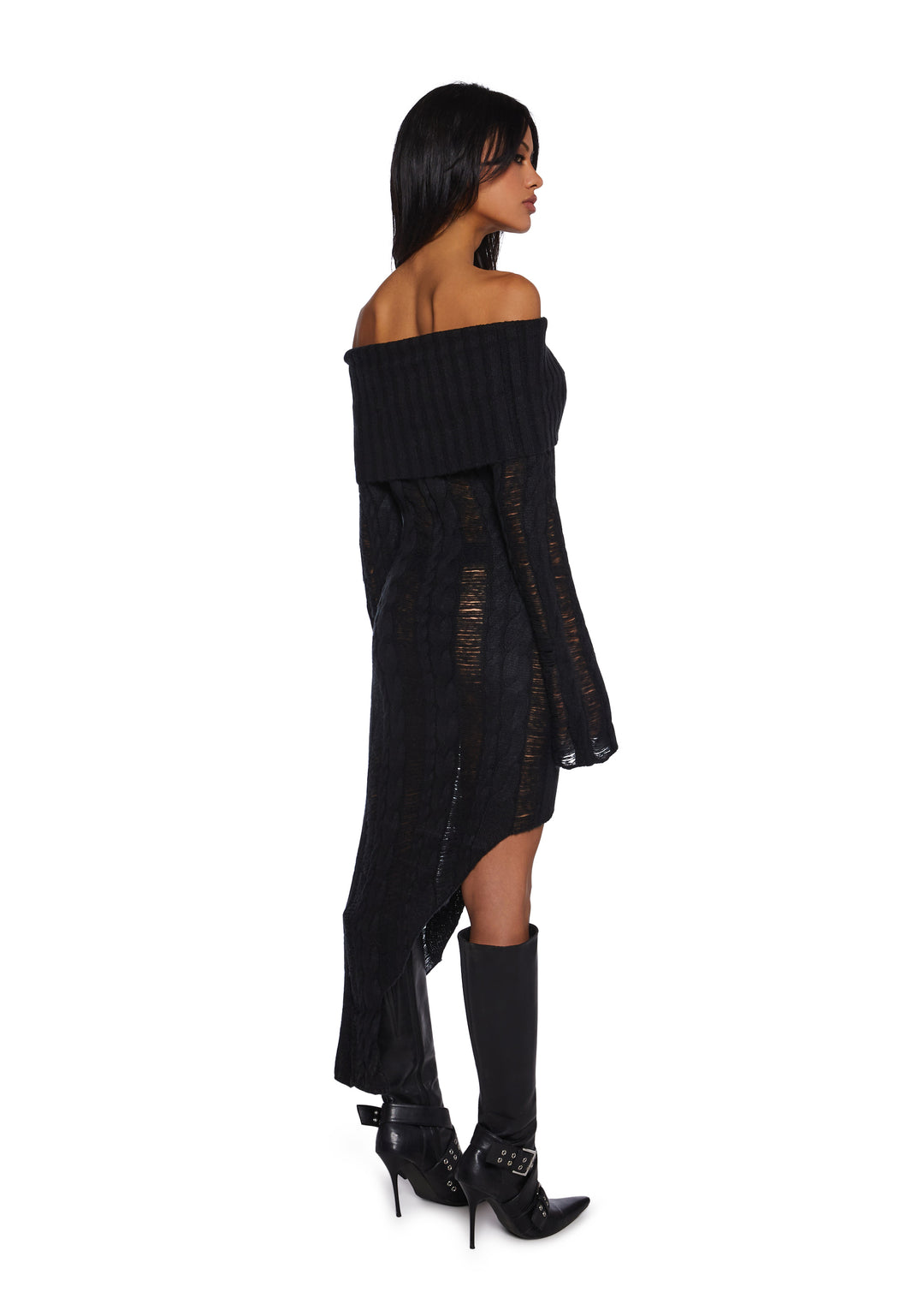 Generation Kiss Stretchy Destroyed Cable Knit Off-The-Shoulder Sweater Asymmetrical Midi Dress - Black - Image 4