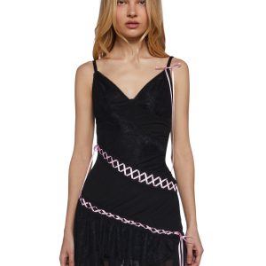 Current Mood Lace And Mesh Interlocking Ribbon Mini Dress - Black