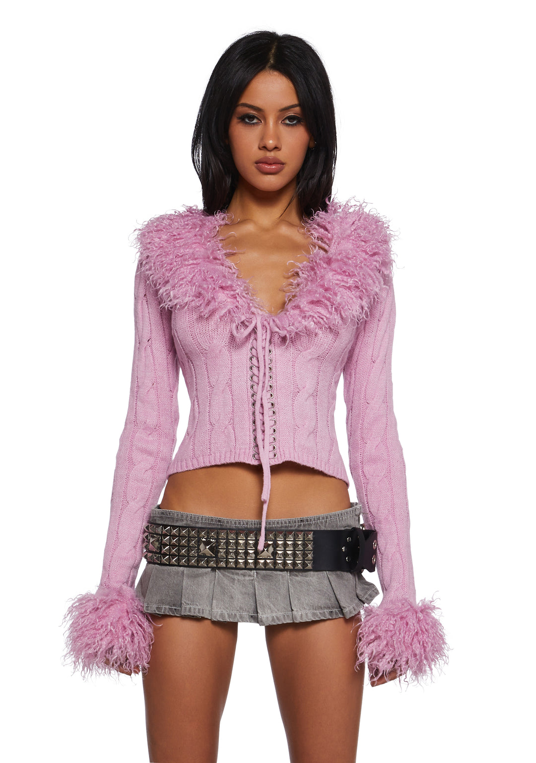 Stretchy Cable Knit Shaggy Faux Fur Trim Lace-Up Cardigan - Pink