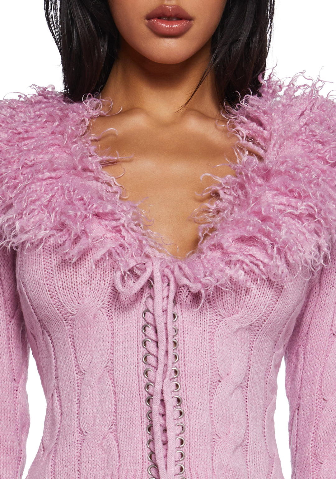Stretchy Cable Knit Shaggy Faux Fur Trim Lace-Up Cardigan - Pink - Image 5