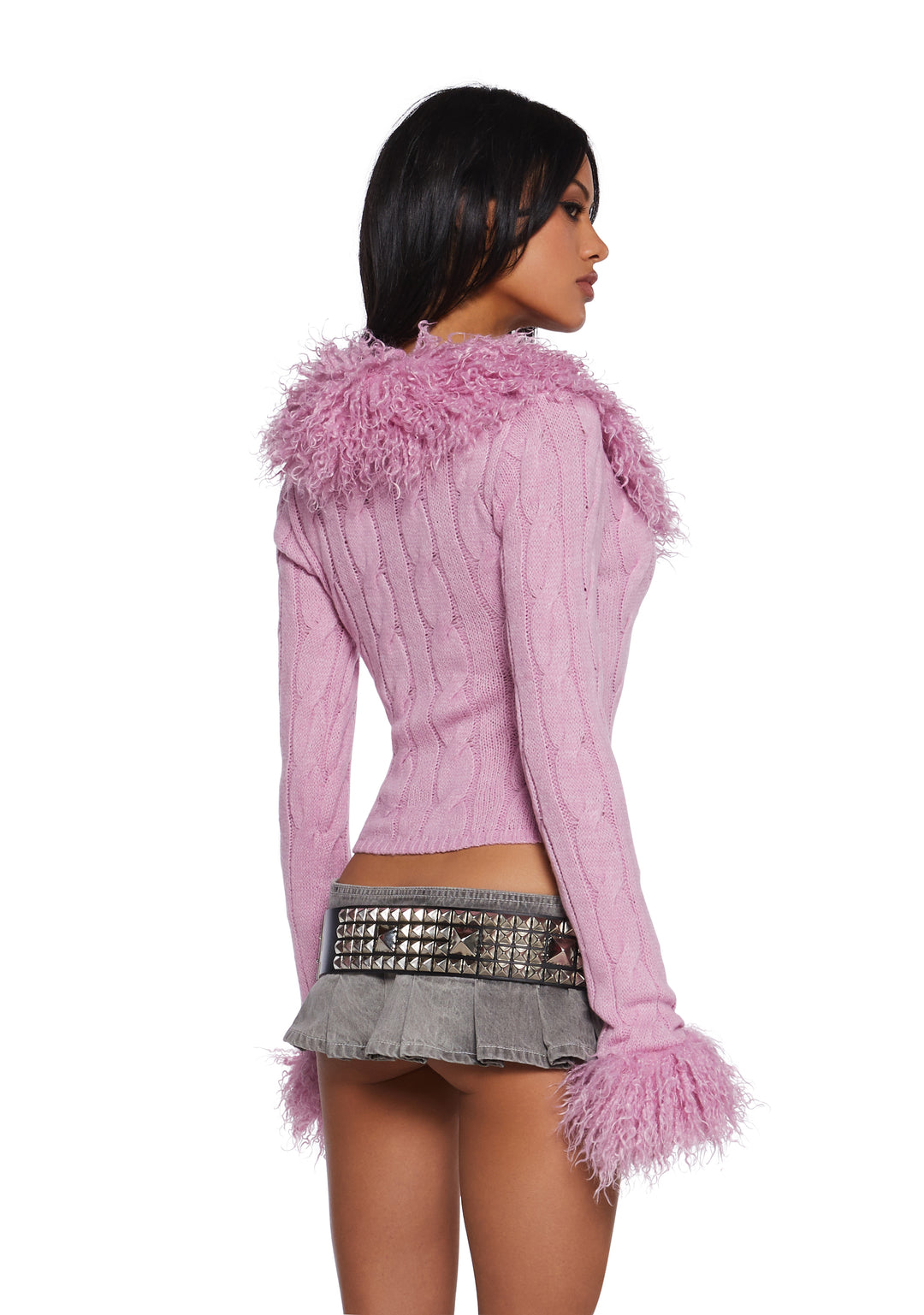 Stretchy Cable Knit Shaggy Faux Fur Trim Lace-Up Cardigan - Pink - Image 4