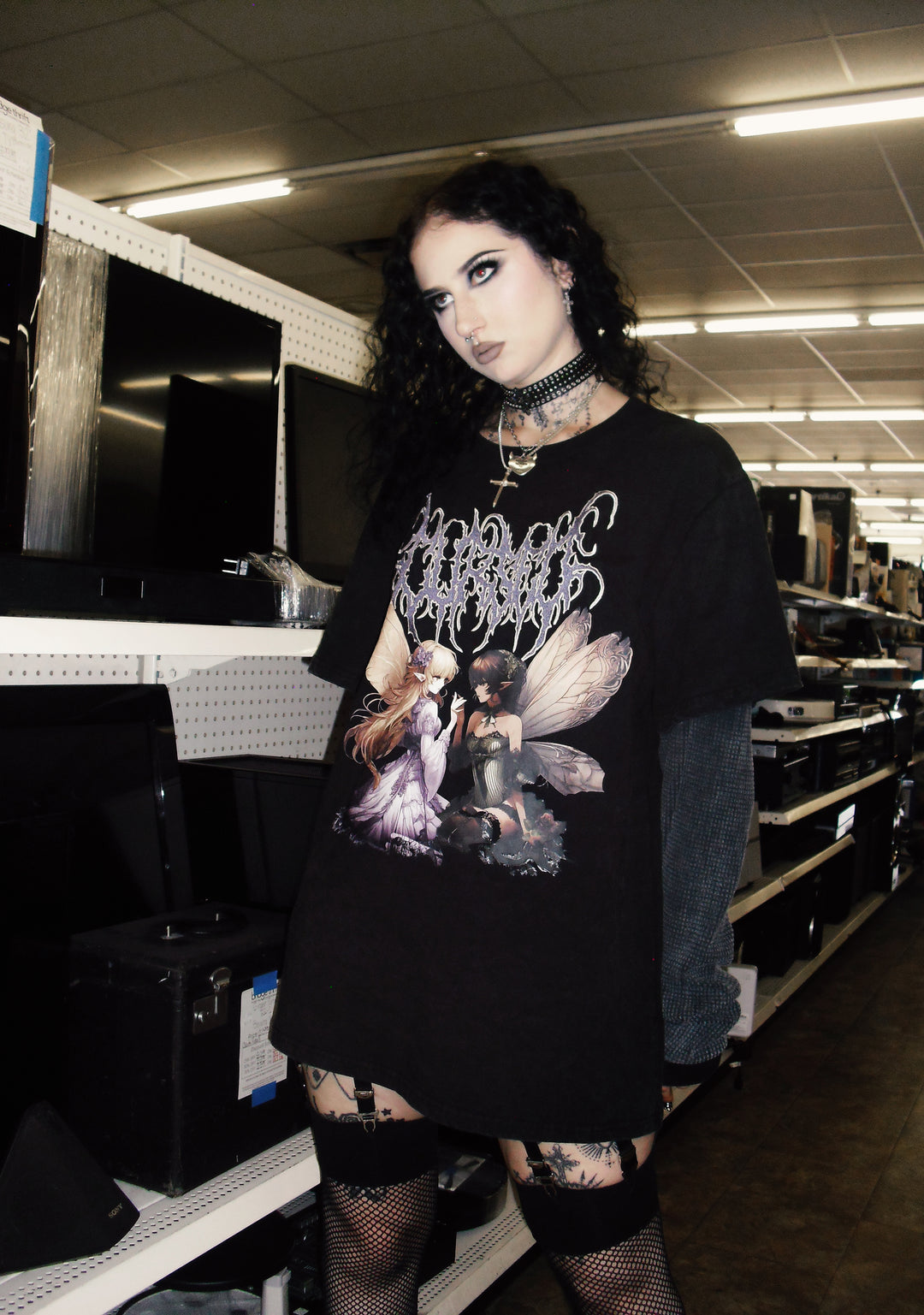 Widow Grunge Stretchy Washed Knit Embroidered Fairy Graphic Print Waffle Knit Long Sleeve Oversized Tee - Black - Image 7
