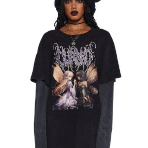 Widow Grunge Stretchy Washed Knit Embroidered Fairy Graphic Print Waffle Knit Long Sleeve Oversized Tee - Black