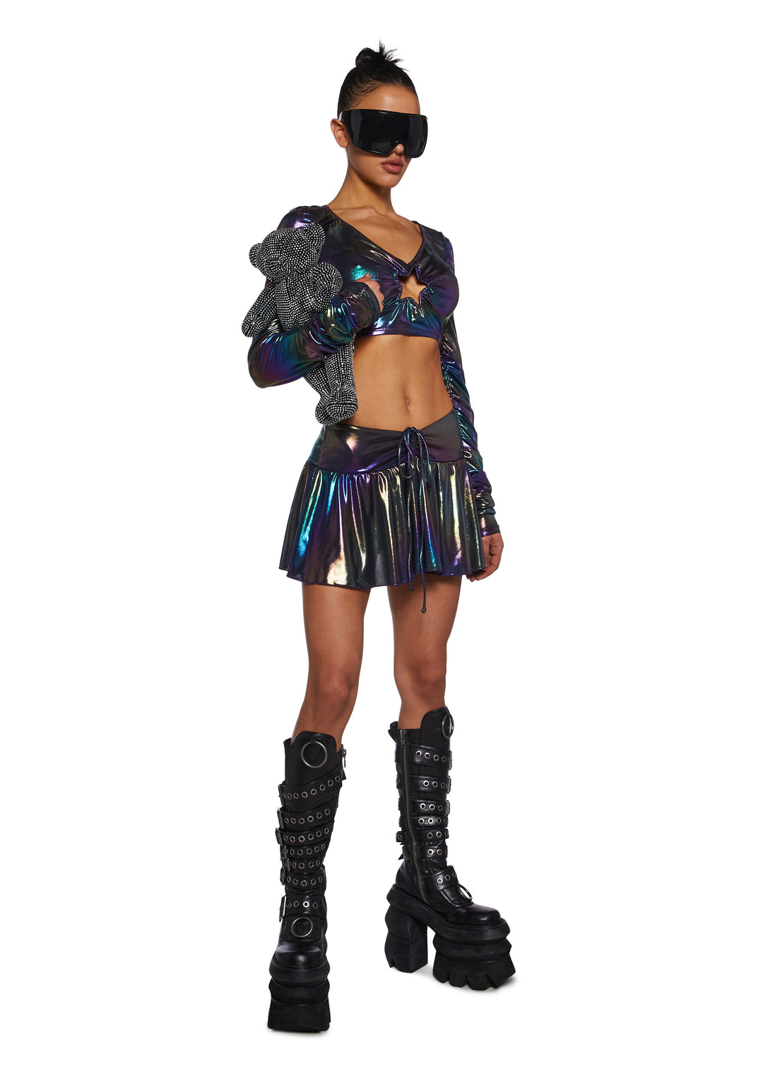Club Exx Future Girl Techno Stretchy Metallic Ruched Gathered Self-Tie Mini Skirt - Mutli - Image 4