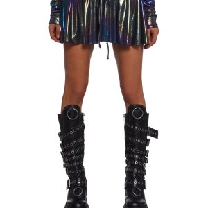 Club Exx Future Girl Techno Stretchy Metallic Ruched Gathered Self-Tie Mini Skirt - Mutli