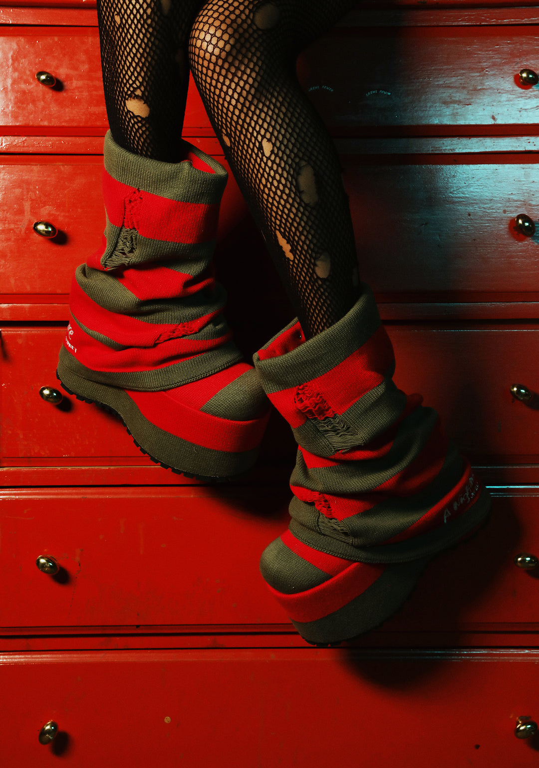 Dolls Kill x Nightmare on Elm Street Freddy Krueger Slasher Horror Striped Sweater Vegan Leather Platform Boots - Colorblock - Image 6
