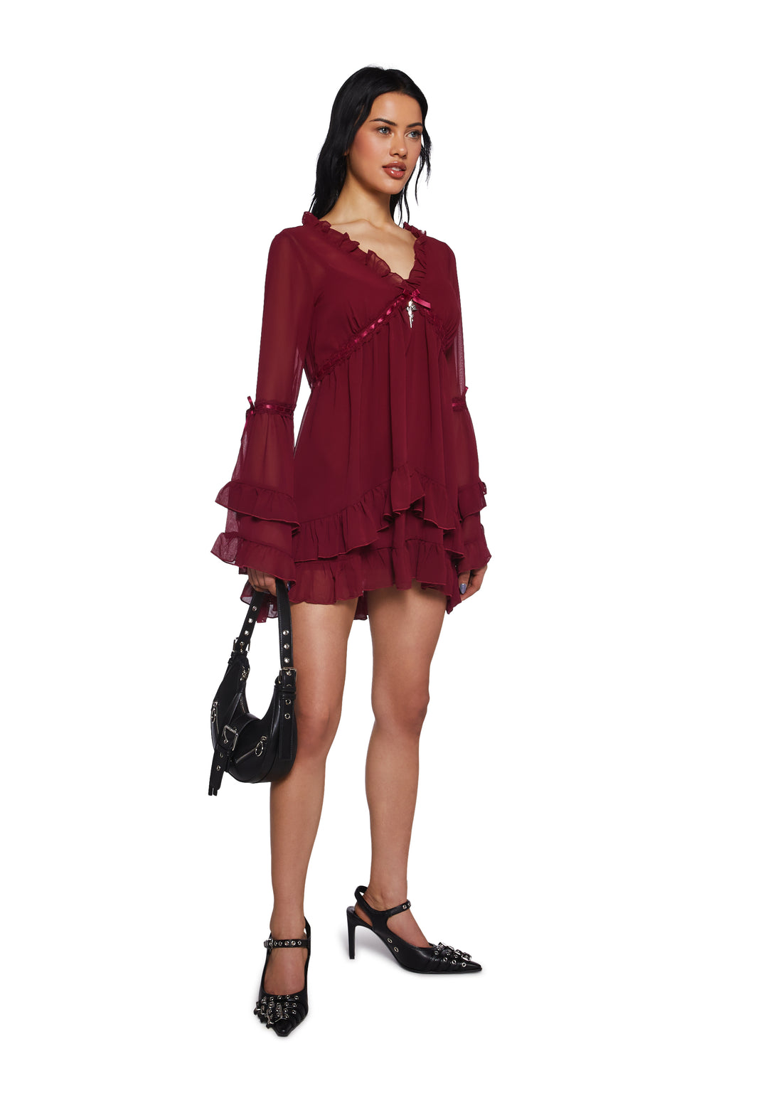 Widow Chiffon Mini Dress With Bell Sleeves And Cross Charm - Dark Red - Image 2