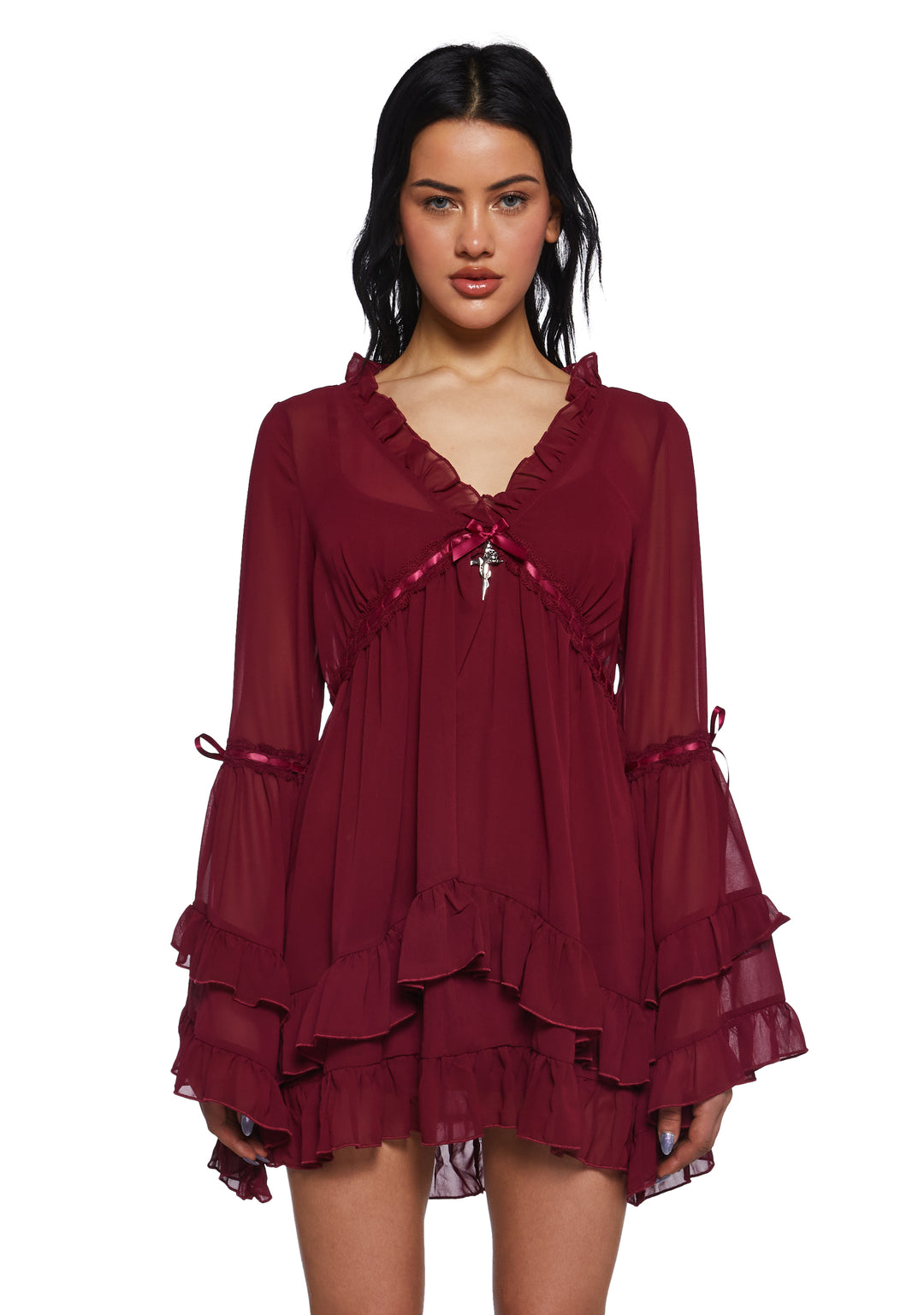 Widow Chiffon Mini Dress With Bell Sleeves And Cross Charm - Dark Red