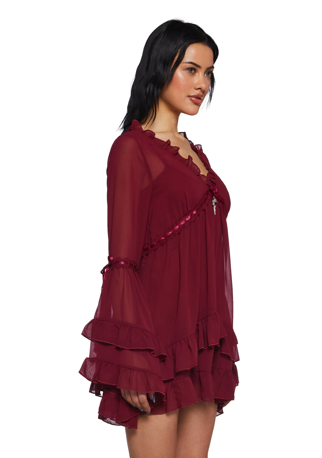 Widow Chiffon Mini Dress With Bell Sleeves And Cross Charm - Dark Red - Image 3