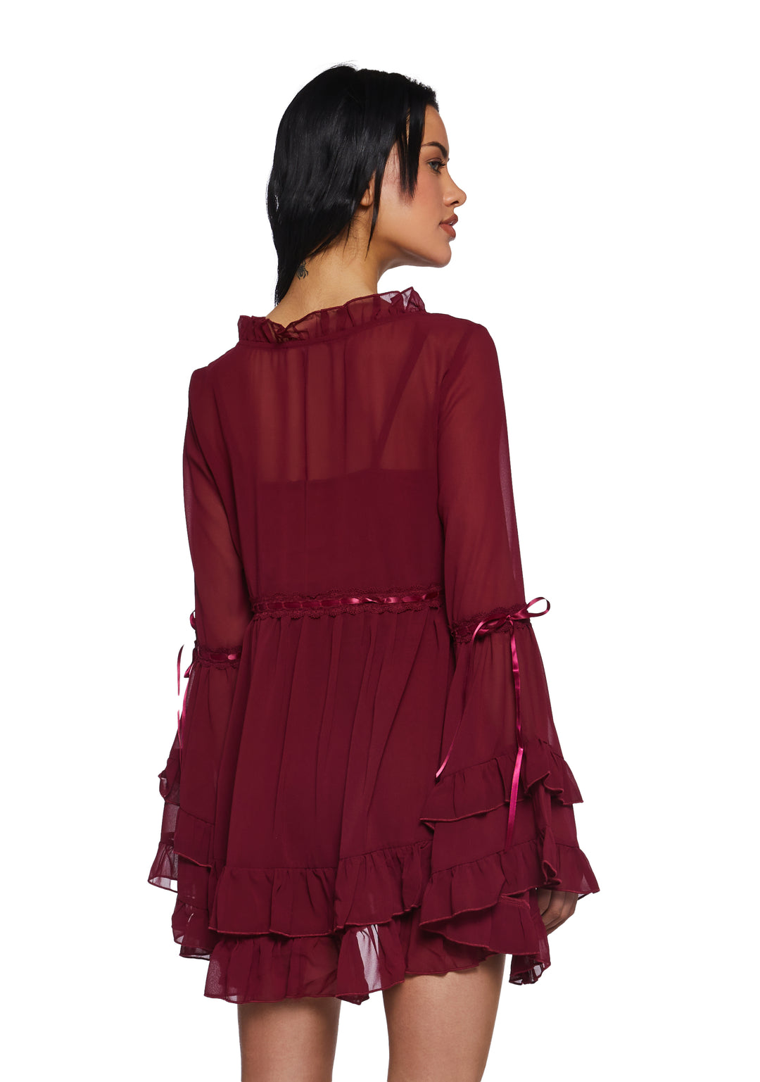 Widow Chiffon Mini Dress With Bell Sleeves And Cross Charm - Dark Red - Image 4