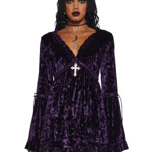 Widow Velvet Mini Dress With Bell Sleeves And Cross Charm - Purple