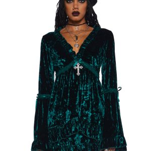 Widow Crushed Mini Dress With Bell Sleeves And Cross Charm - Green