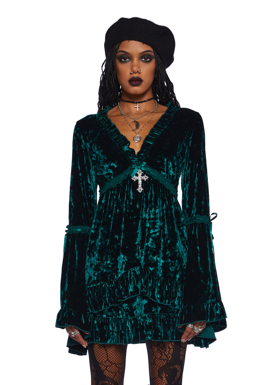 Widow Crushed Mini Dress With Bell Sleeves And Cross Charm - Green