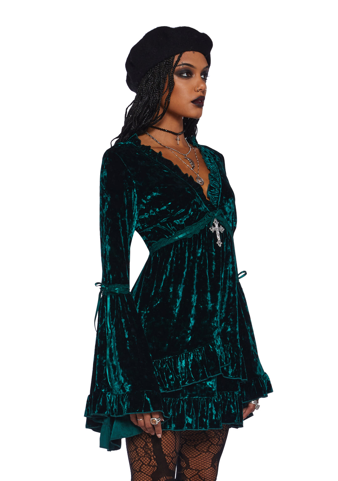 Widow Crushed Mini Dress With Bell Sleeves And Cross Charm - Green - Image 3