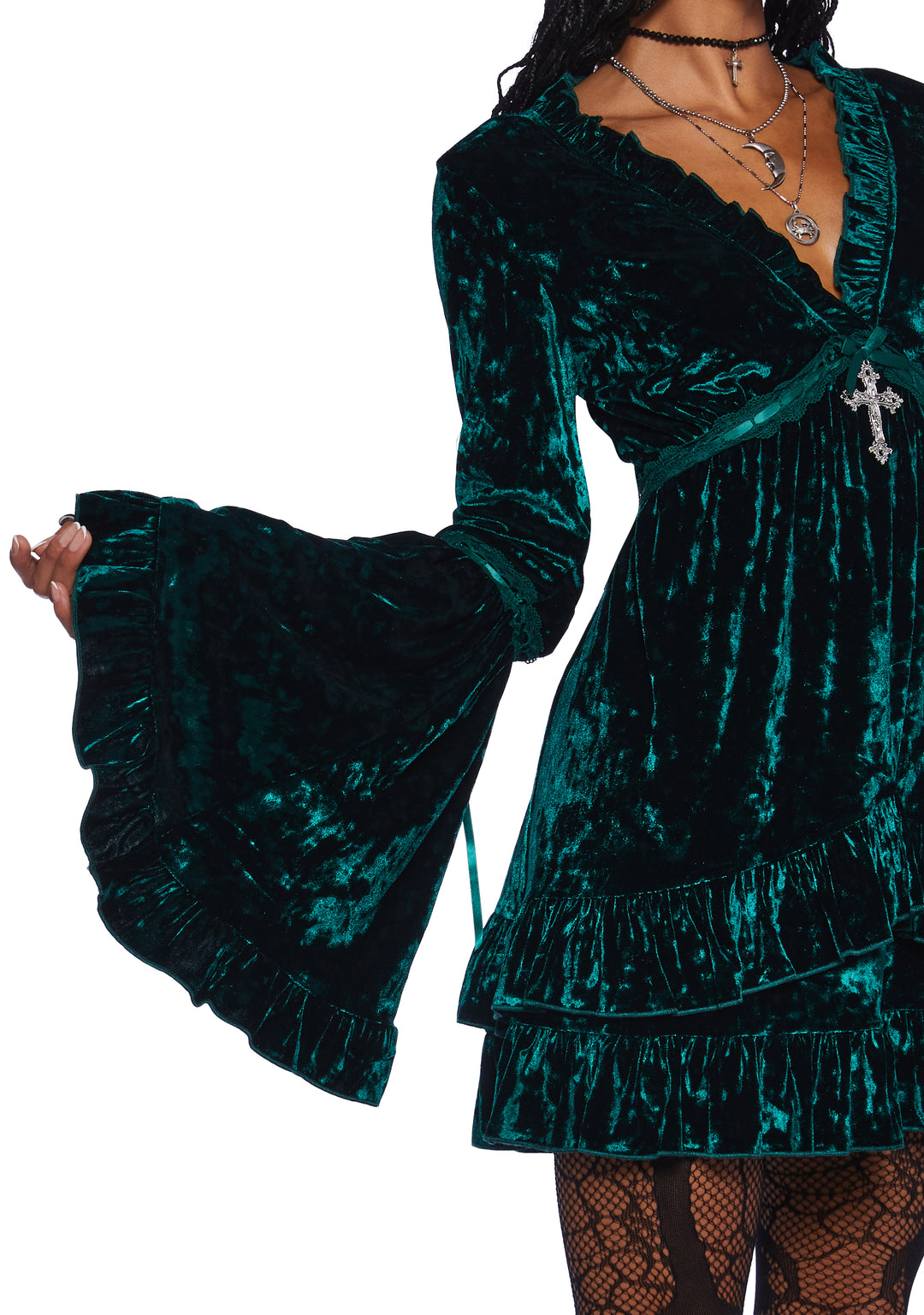 Widow Crushed Mini Dress With Bell Sleeves And Cross Charm - Green - Image 5