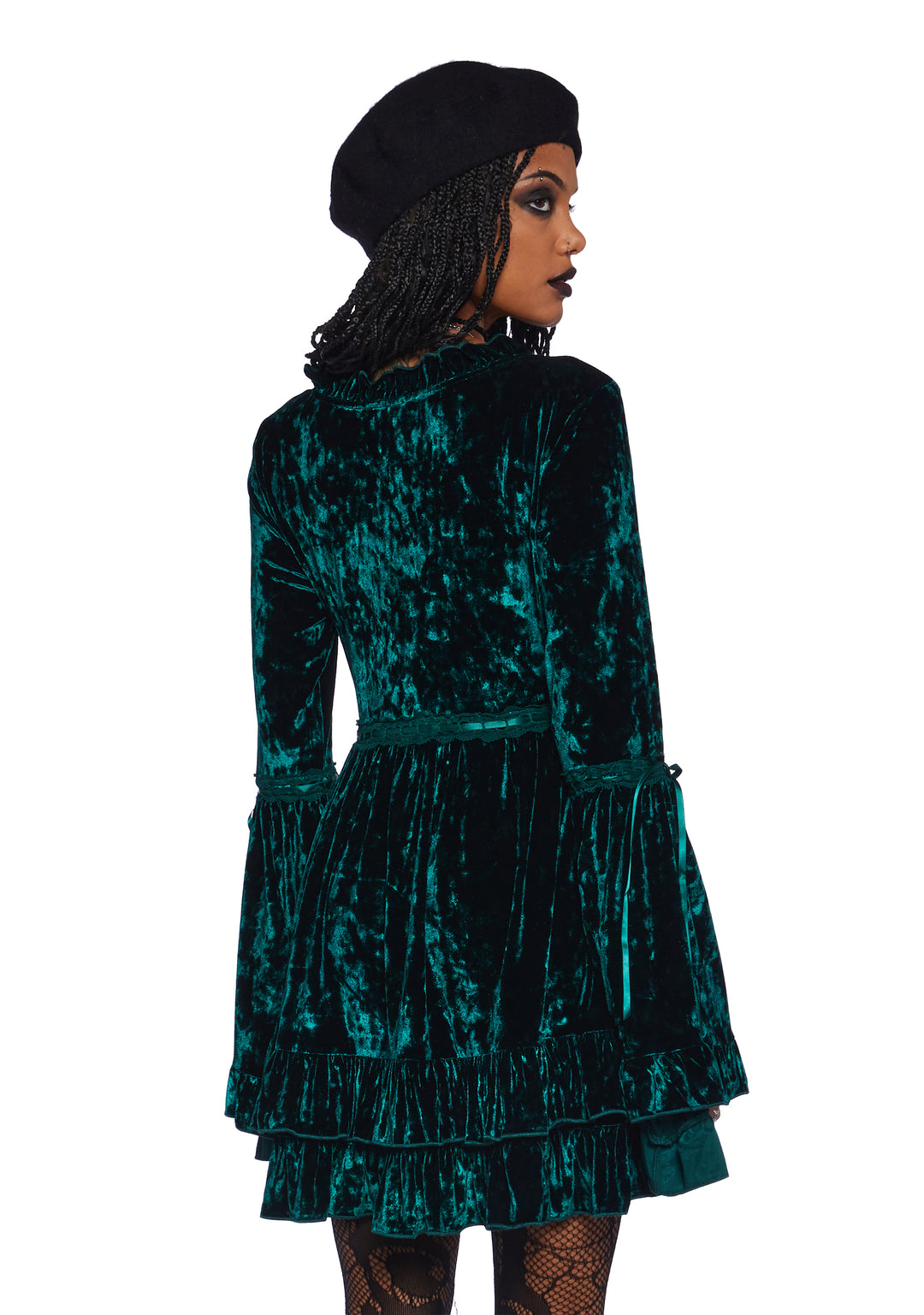 Widow Crushed Mini Dress With Bell Sleeves And Cross Charm - Green - Image 4