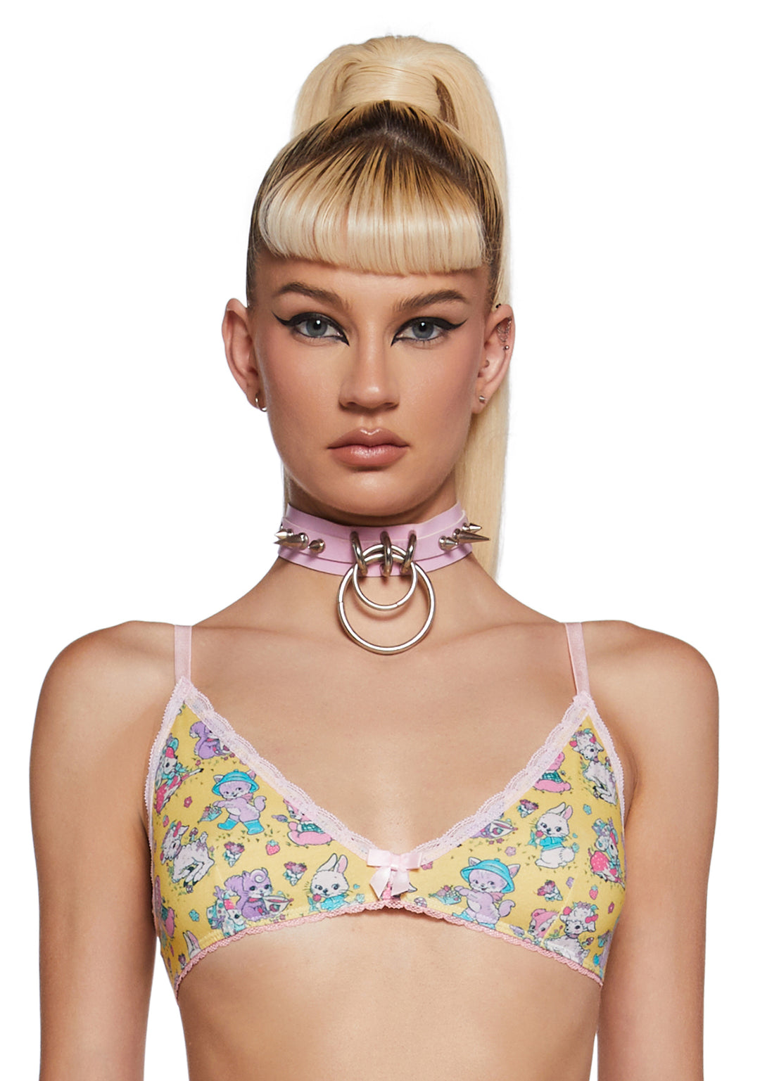 Sugar Thrillz Stretchy Knit Lace All-Over Print Cute Cartoons Bra - Mutli