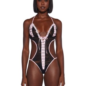 Generation Kiss Cut Out Sheer Lace Ribbon Lace Up Teddy - Black