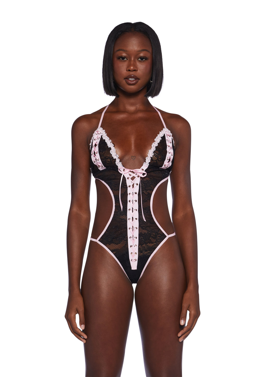 Generation Kiss Cut Out Sheer Lace Ribbon Lace Up Teddy - Black