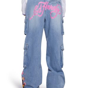 Ed Hardy Tiger Flowers Denim Wide Leg Cargo Jeans - Light Blue